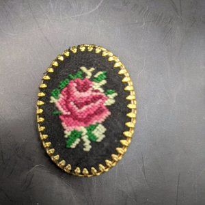 Medallion Rose Petit Point Hand Embroidered Vintage Gold Style Filigree Brooch